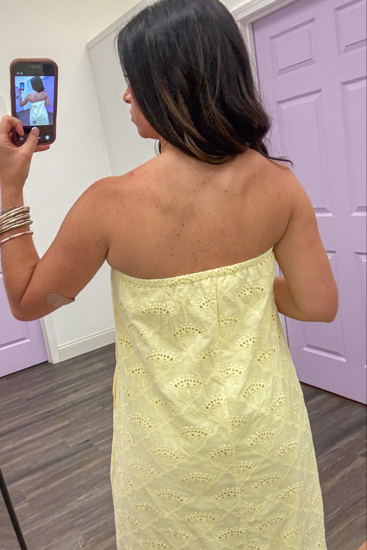 lemon yellow embroidered eyelet elastic trim square neckline strapless midi dress