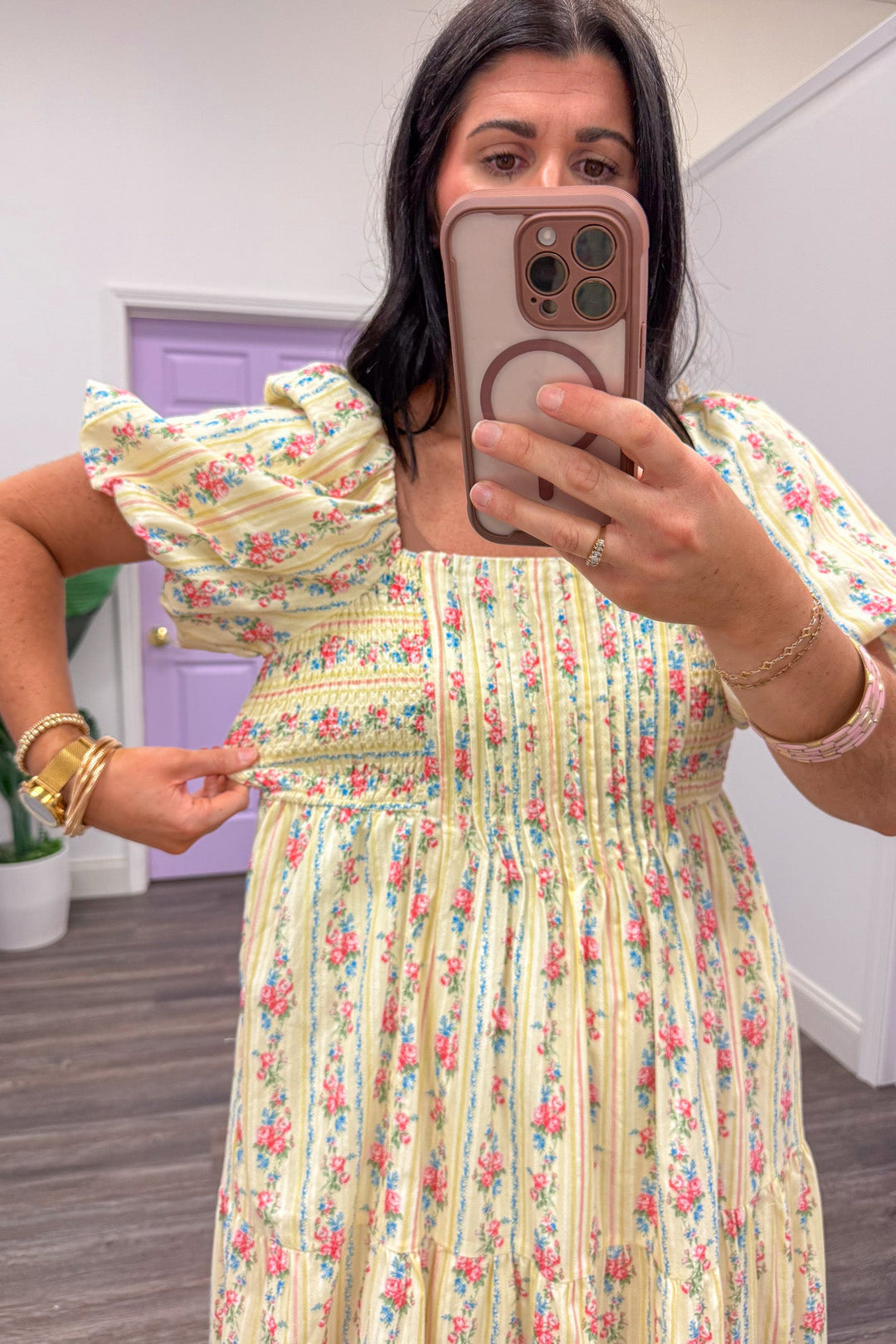 Women's spring butter yellow floral midi dress with smocking