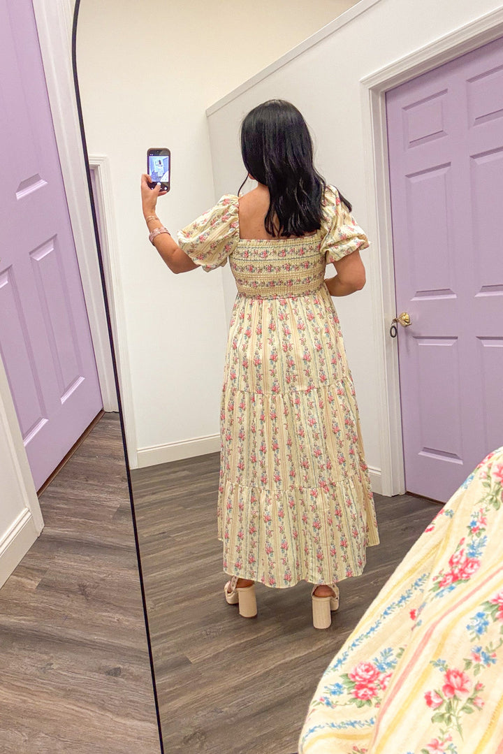 Women's spring butter yellow floral midi dress, perfect for all ages