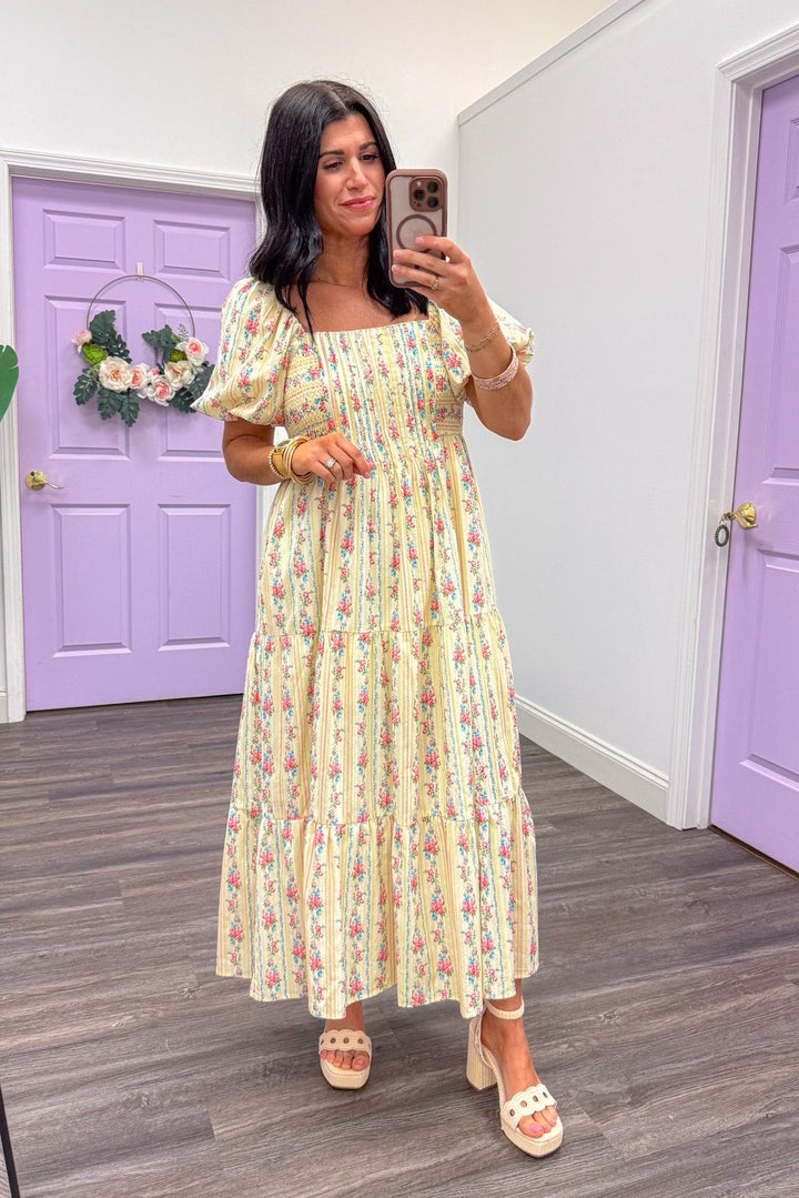 Women's Easter butter yellow floral midi dress