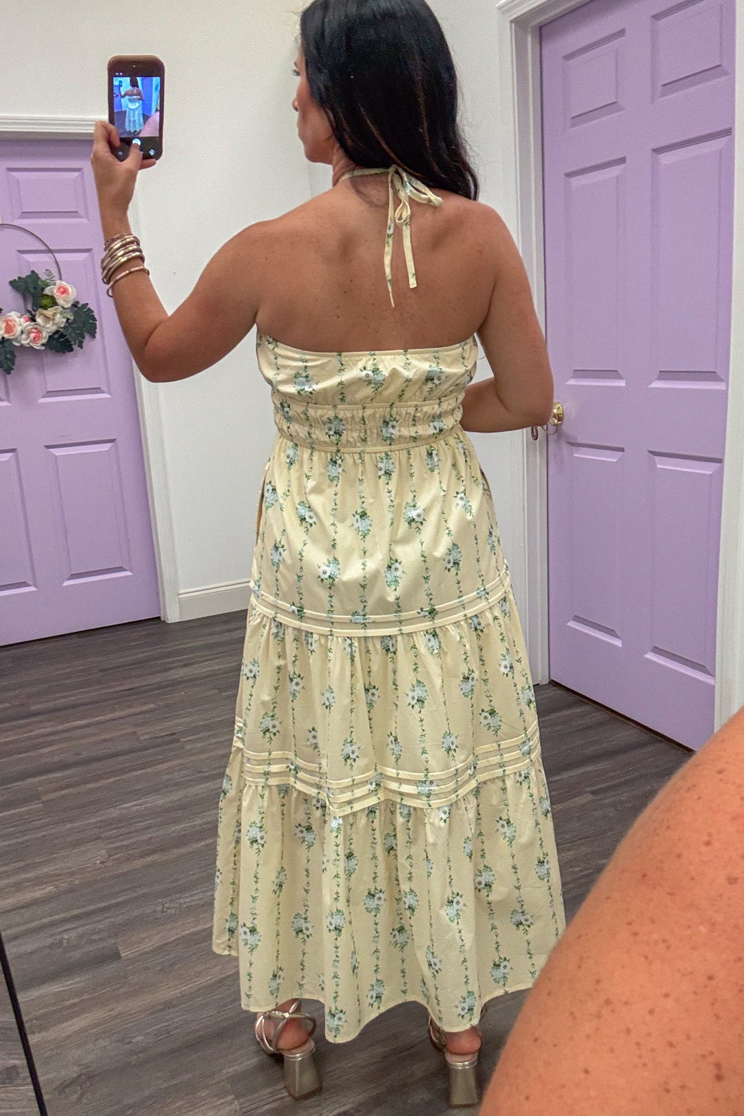 yellow green and blue floral print sleeveless spaghetti strap halter midi dress