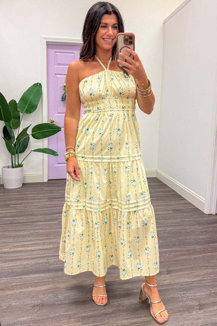 yellow green and pale blue floral print tiered halter midi dress