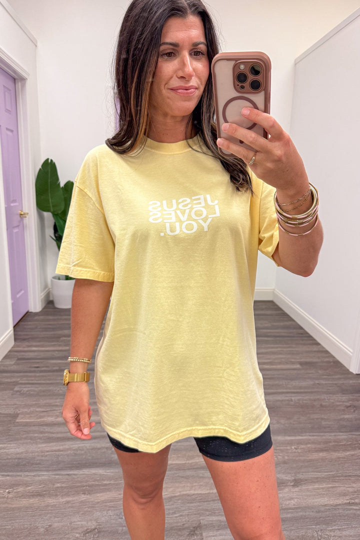 yellow green jesus loves you graphic short sleeve t-shirt