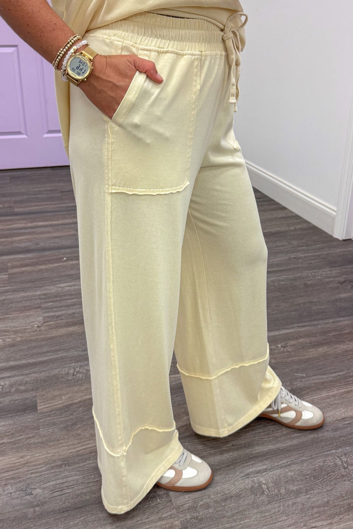 washed butter yellow top and front pocket pants matching knit loungewear set