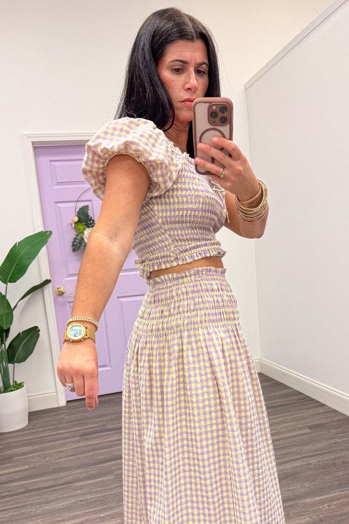 pale yellow and lavender gingham elastic short puff sleeve smocked top