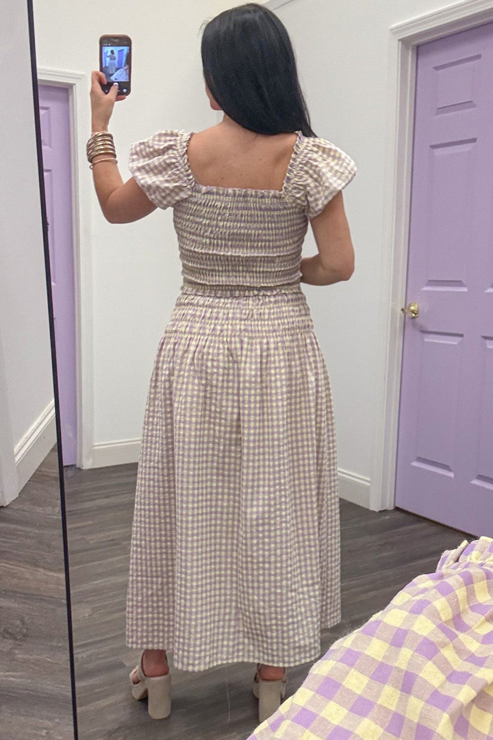 yellow and lavender gingham puff sleeve square neckline smocked top