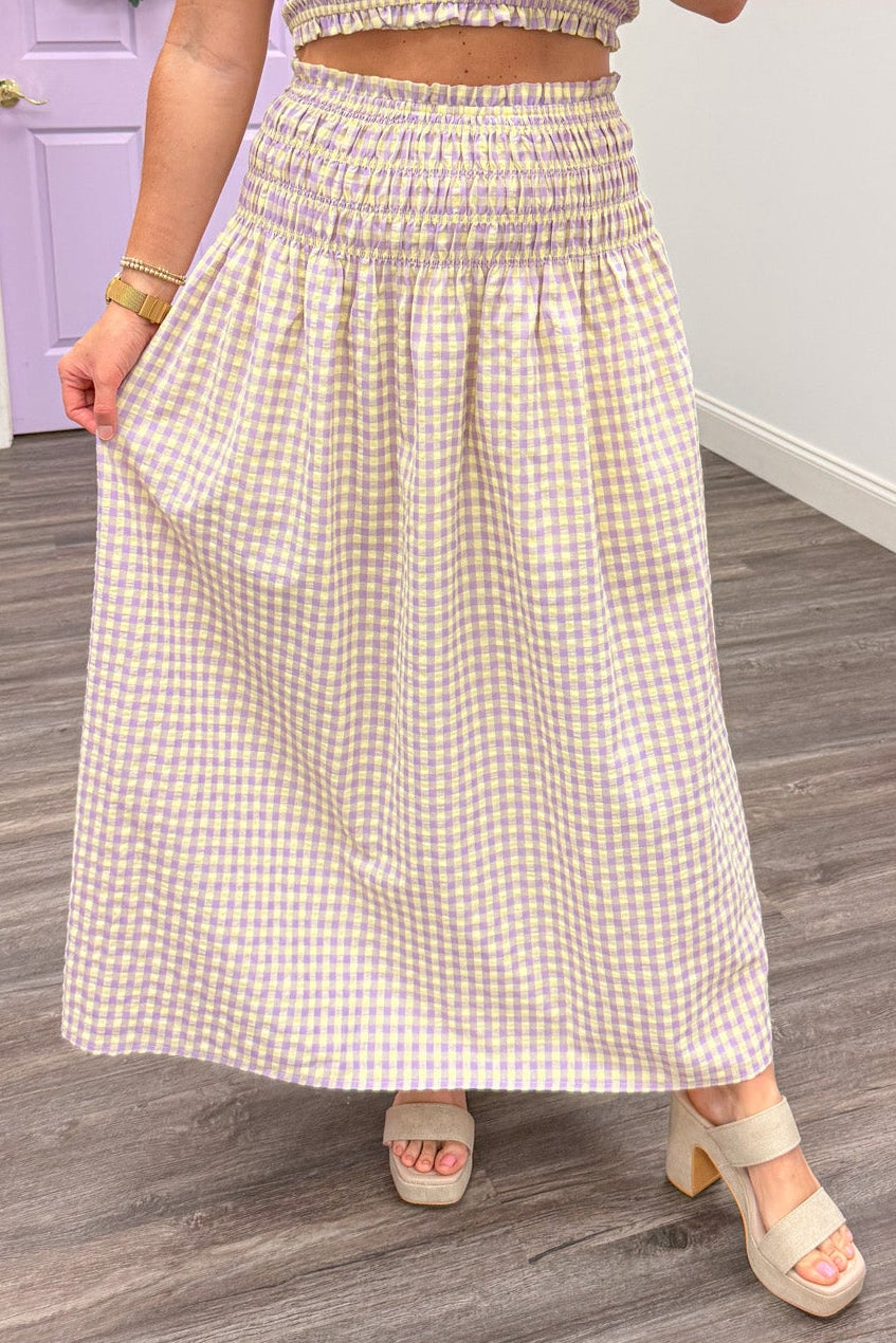 pale yellow and lavender gingham ruffle trim smocked midi skirt