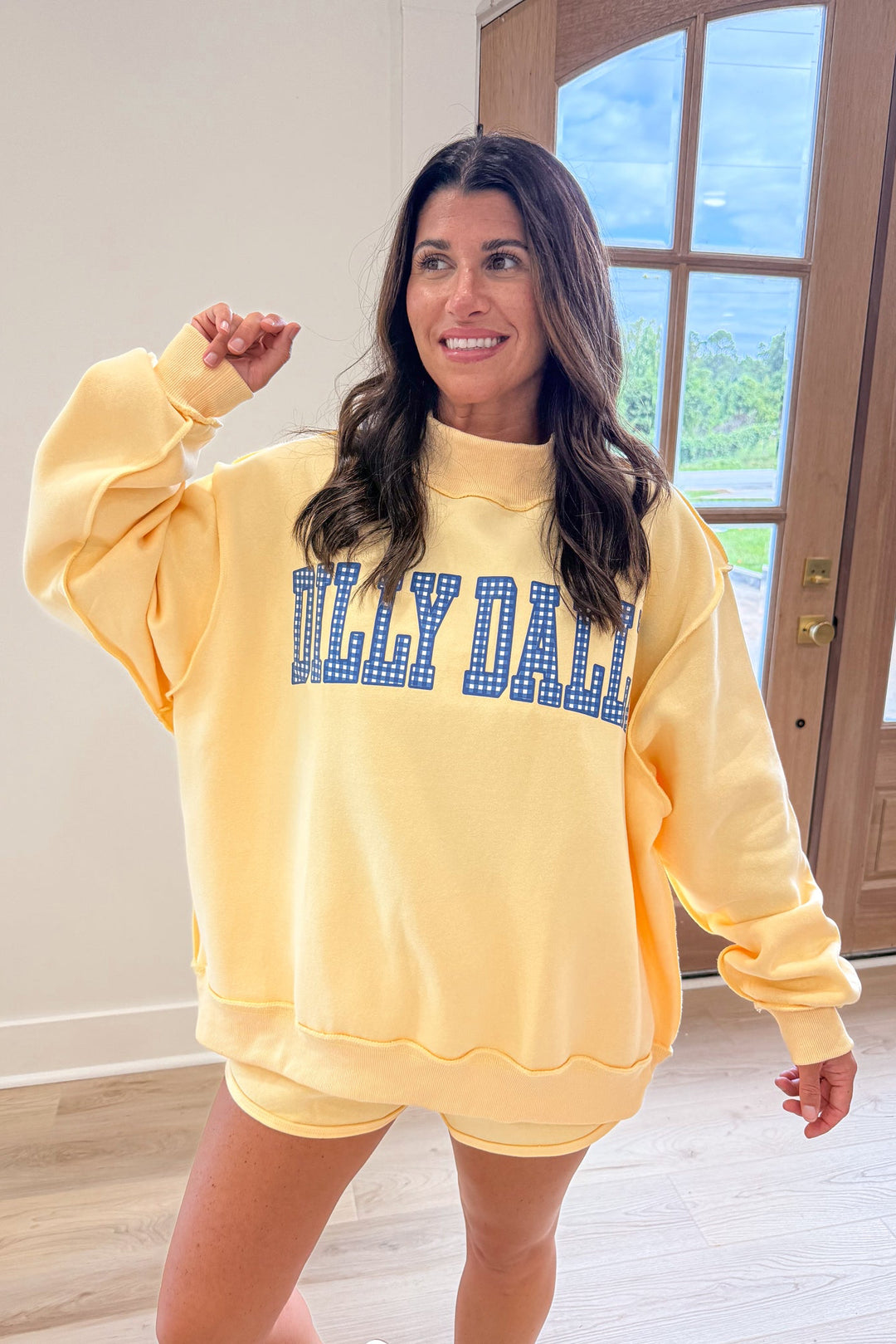 yellow dilly dally oversized mock neck pullover
