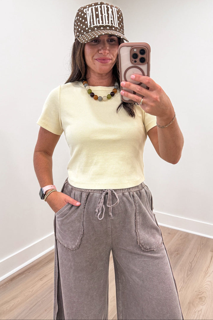 solid pale yellow lemonilla short sleeve crew neckline semi-cropped ribbed top