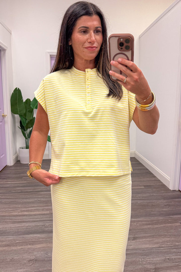 yellow and white striped dolman sleeve semi-cropped cotton top