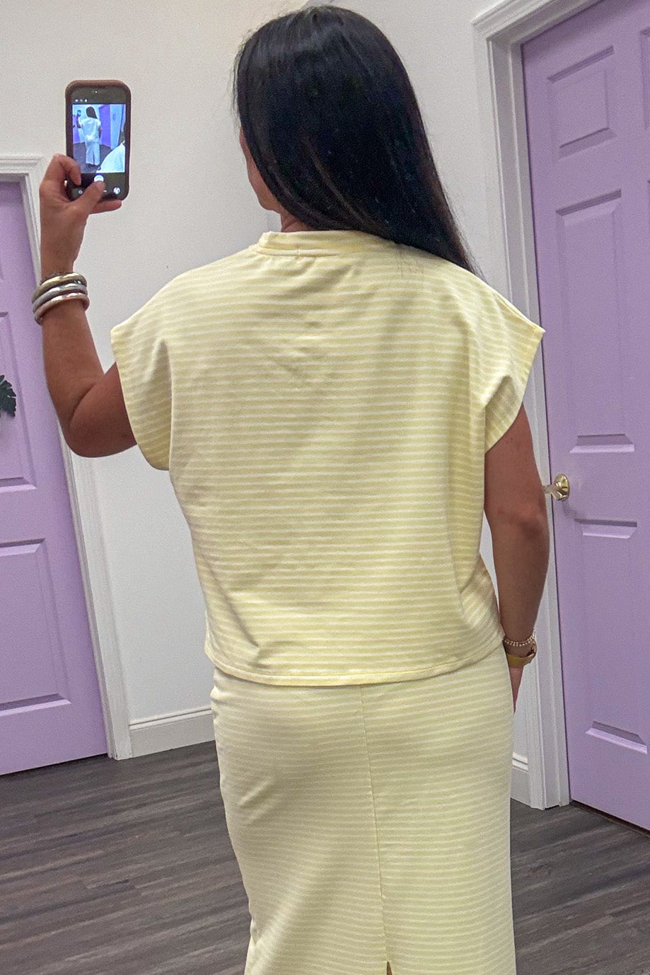 yellow and white striped dolman sleeve crew neckline semi-cropped cotton top