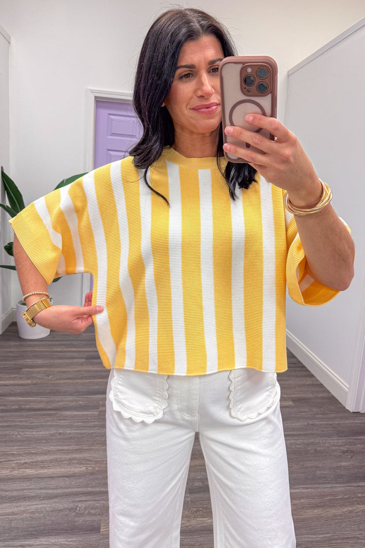 yellow and white vertical striped dolman sleeve knit top