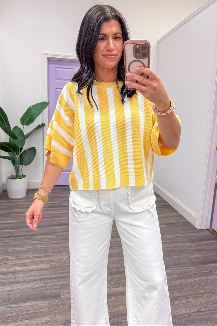 yellow and white vertical striped batwing sleeve crewneck knit top