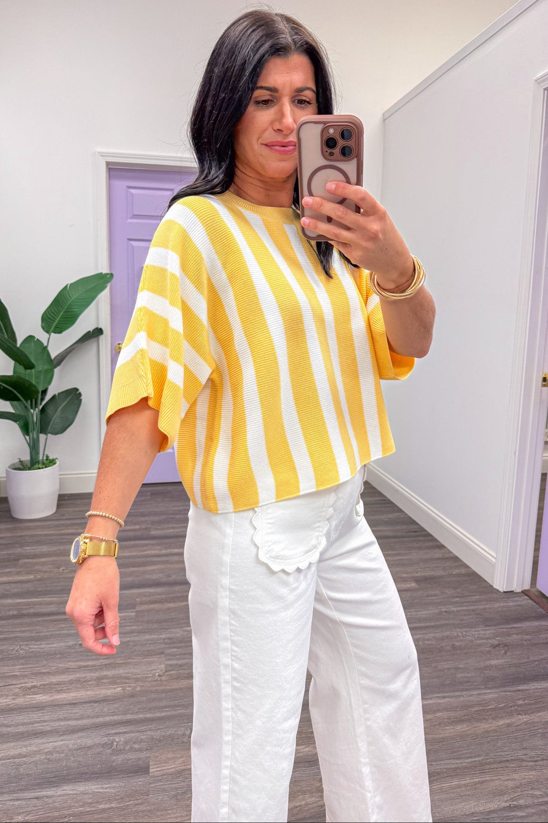 yellow and white vertical striped dolman sleeve crewneck knit top side view