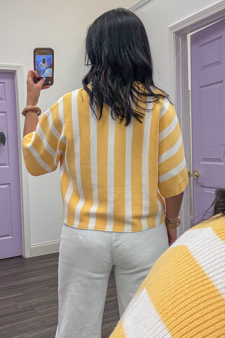 yellow and white vertical striped dolman sleeve crewneck knit top back view