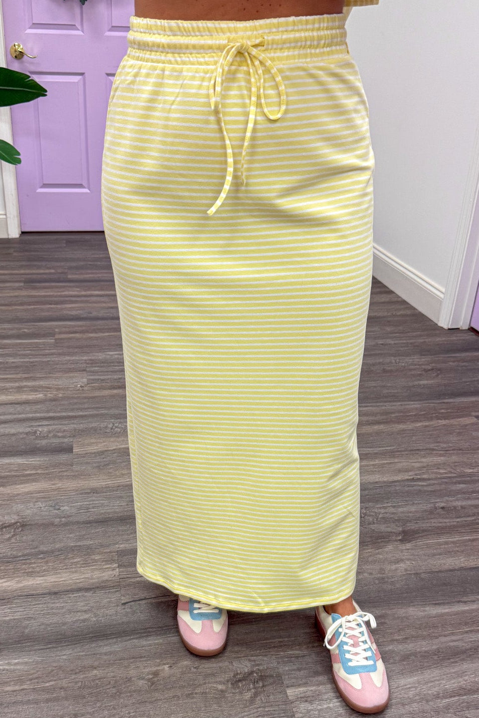 yellow and white horizontal striped drawstring waist lightweight cotton midi skirt