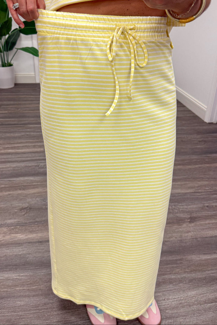 yellow and white horizontal striped elastic waistband lightweight cotton midi skirt